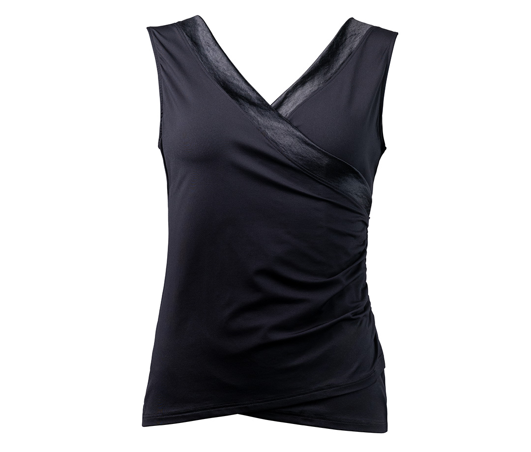 Slim-fit dance top with a wrap-around look, made from black stretch fabric with a V-neckline by Werner Kern.