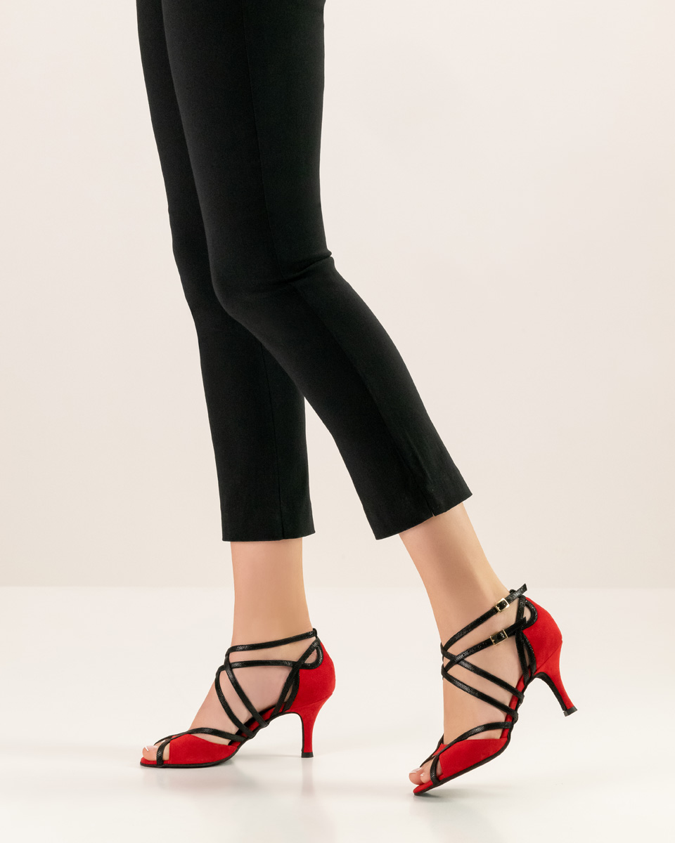Ladies' dance shoe by Nueva Epoca with double straps in combination with black trousers