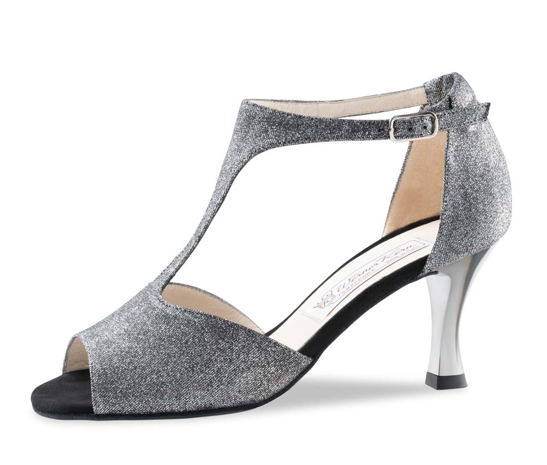 Jamie open toe women's dance shoe by Werner Kern with T-bar in black-silver