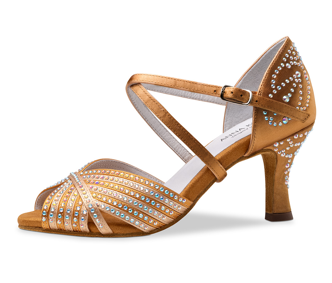 Bronze-coloured dance sandals with rhinestones by Anna Kern with 6 cm flare heel