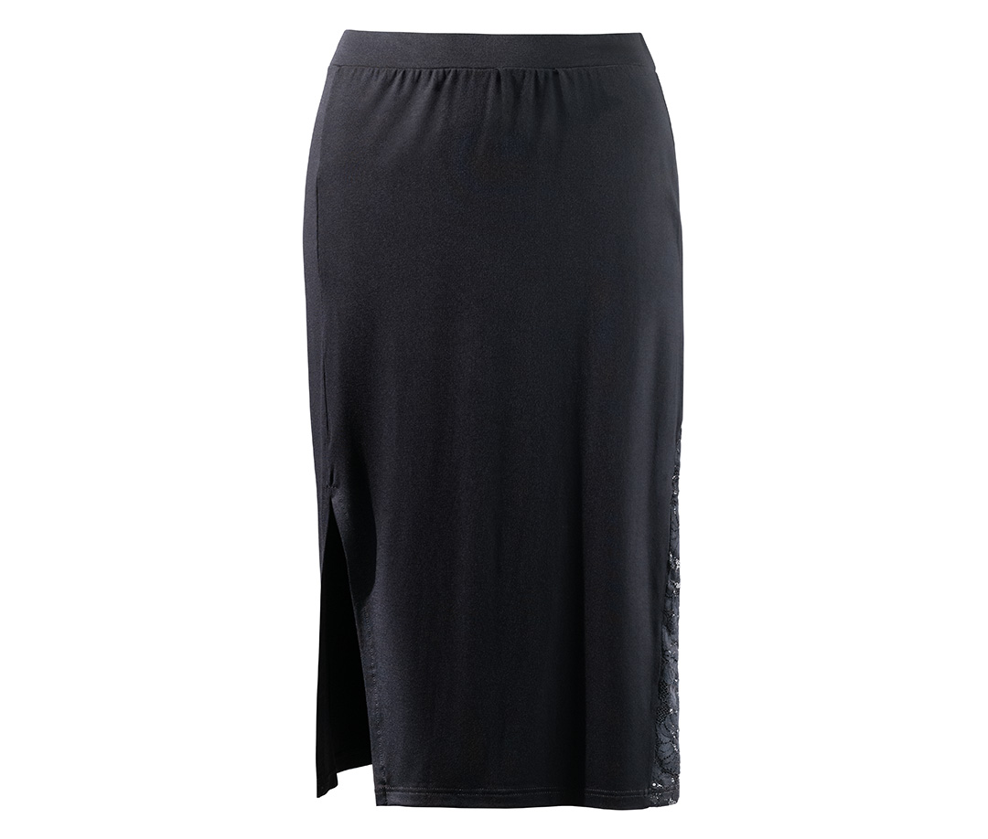 Elegant, knee-length dance skirt in black with lace detail on the side and slit at the front by Werner Kern