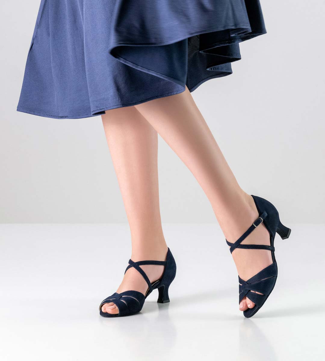 Ebony Blue skirt in combination with open Werner Kern ladies dance shoe in blue
