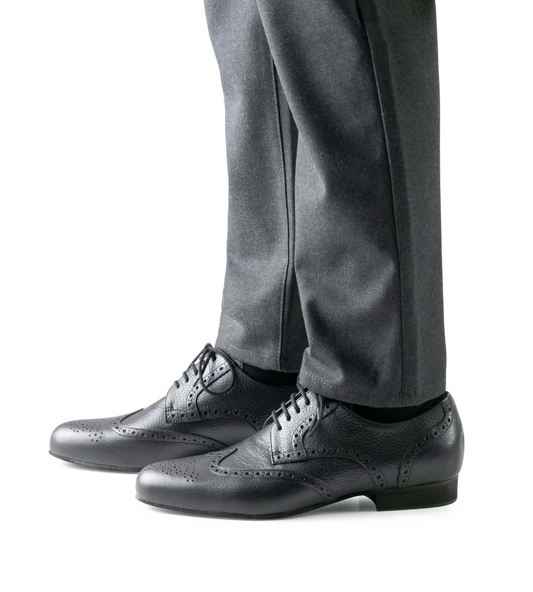 Bormio Men's dance shoe in black with Budapest pattern in combination with trousers in grey