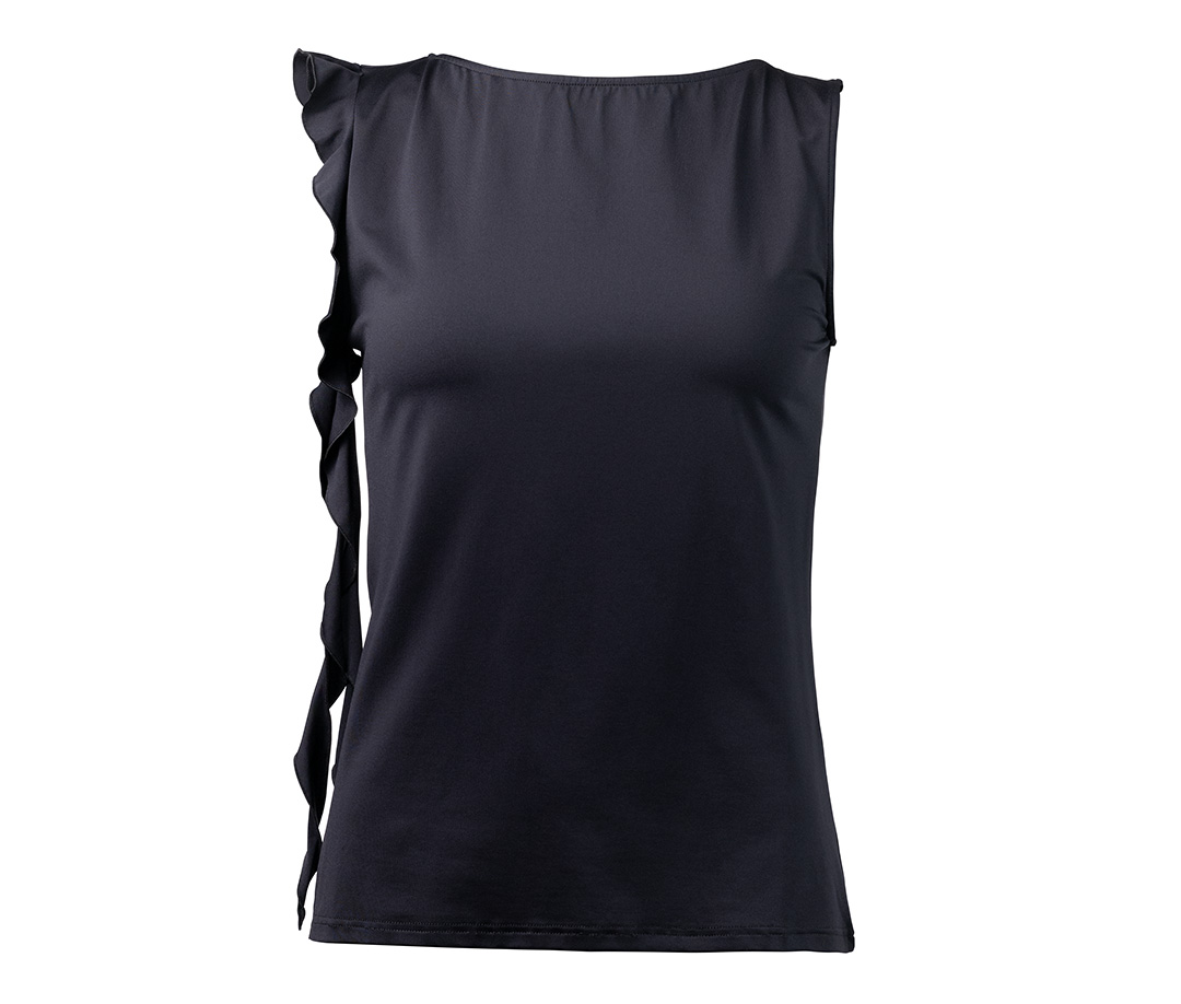 Asymmetrical, sleeveless women's dance top Lior in black with ruffle detail by Werner Kern