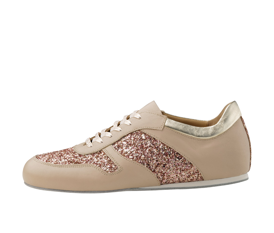 Honey Dance shoe sneakers in beige nappa leather and rose gold brocade by Werner Kern for long nights of dancing.