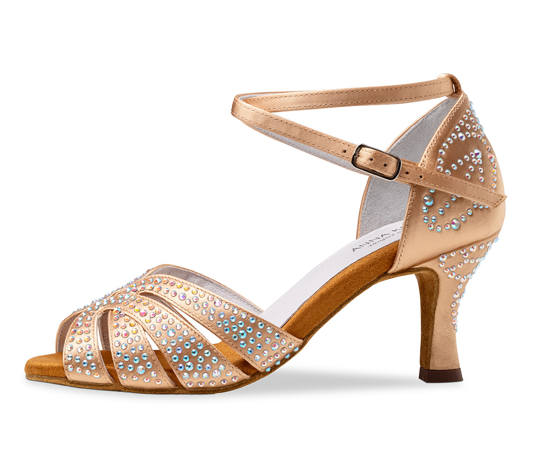 Latin dance shoe in light bronze with rhinestones and 6 cm flare heel by Anna Kern