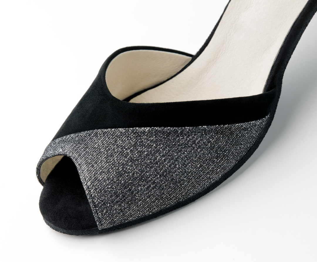 Detail view of black-silver peep-toe dance shoe by Werner Kern in elegant asymmetric design.