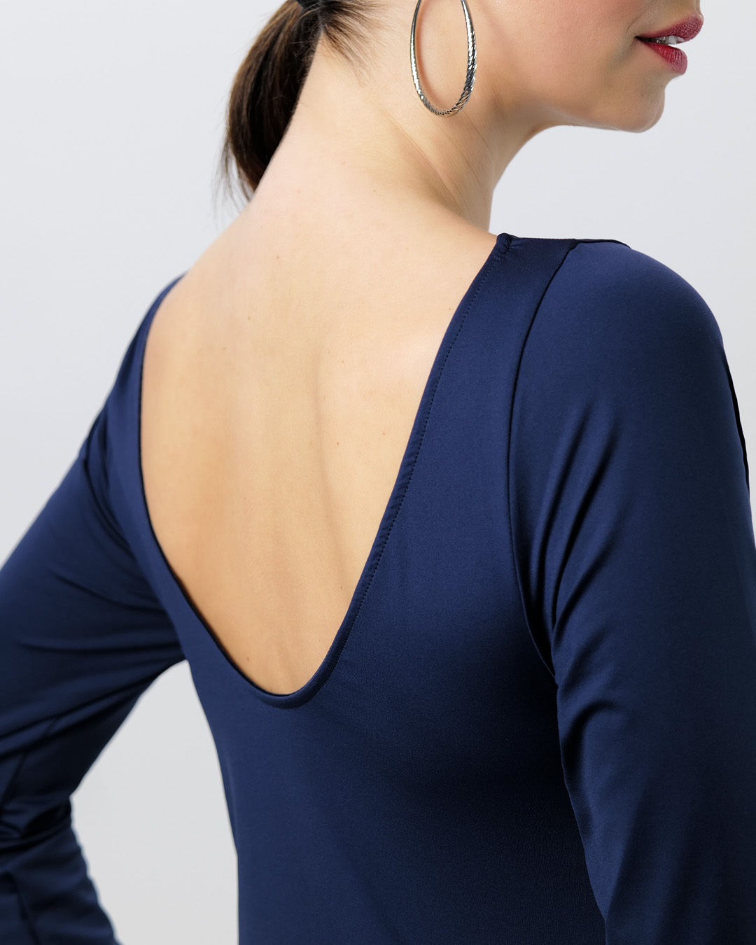 Round back neckline on Alya dance dress by Werner Kern in smoky blue
