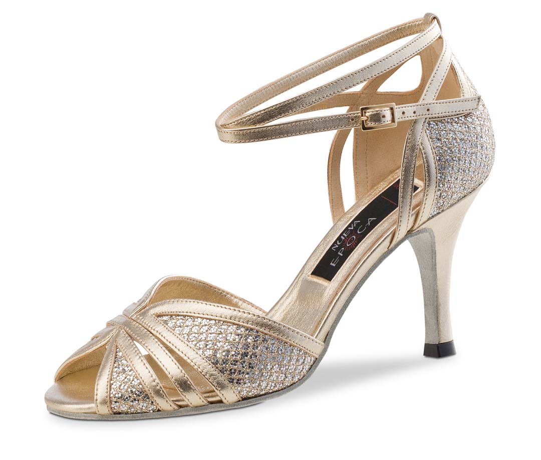 Gloria open ladies dance shoe by Nueva Epoca in brocade and leather