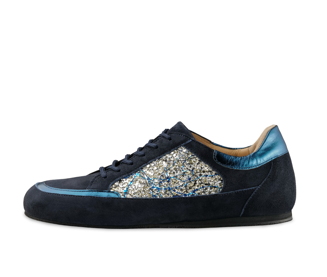 Carol Dark blue suede dance sneaker with brocade inserts and removable insole. Perfect for training.