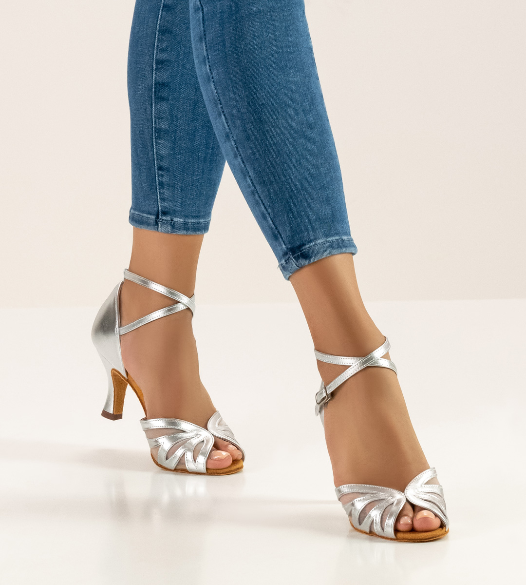 Ladies' Latin dance shoe by Anna Kern with ankle strap combined with blue jeans