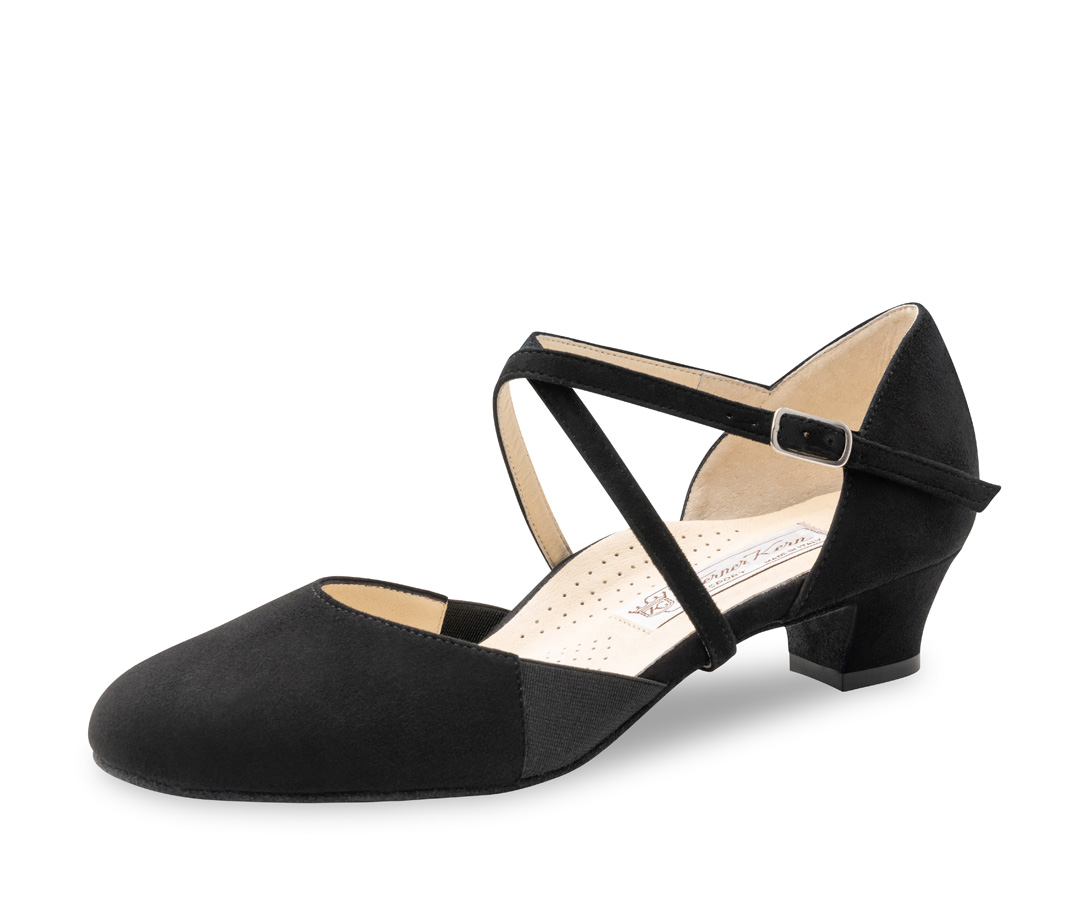 Women's dance shoe Ronja - Werner Kern in black Velvet Goat leather, classic and incredibly comfortable with individually adjustable cross strap and side elastic, comfortable heel height of 3.4 cm
