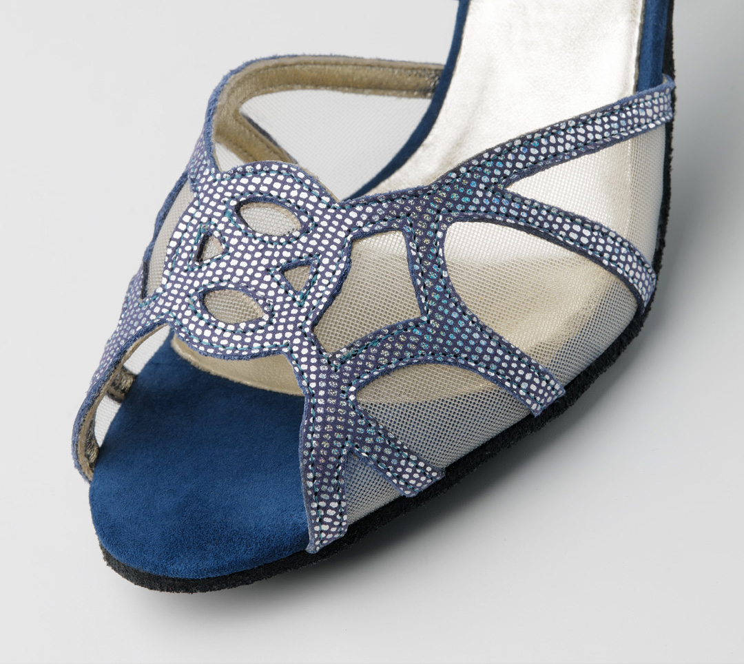 Playful open-toe dance shoes in glittering blue leather with a 7 cm heel from Nueva Epoca.
