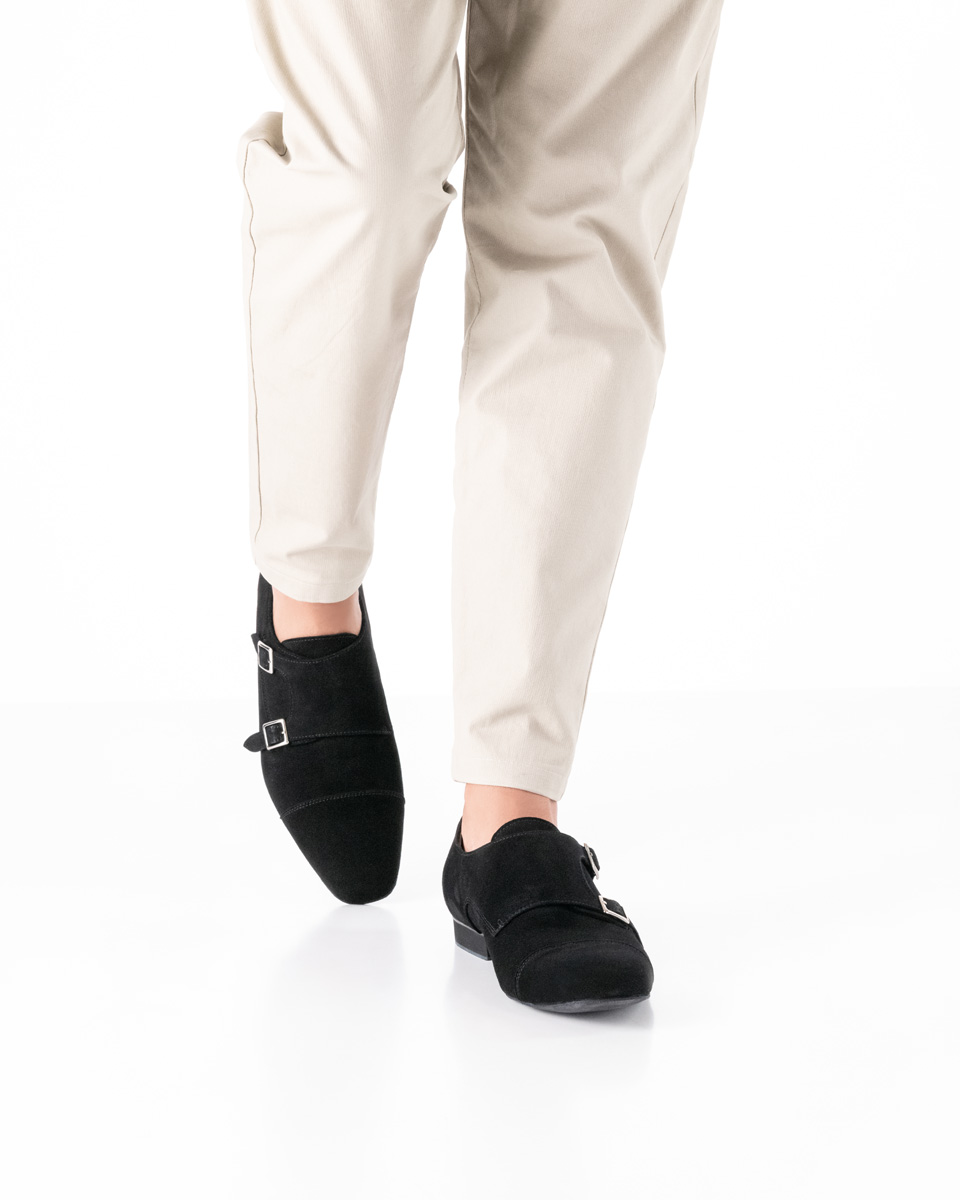 Men's dance shoe for a comfortable performance - Werner Kern Anzio in black velour leather, classic design with adjustable buckles, glove-soft velour leather, and calfskin lining, fantastically comfortable heel height of 2.0 cm
