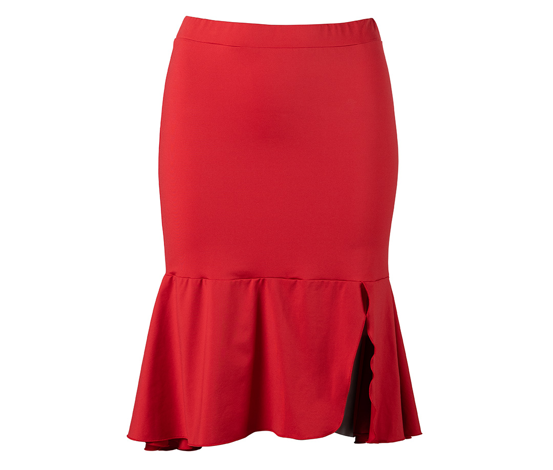 Red, narrow knee-length dance skirt with flounces by Werner Kern