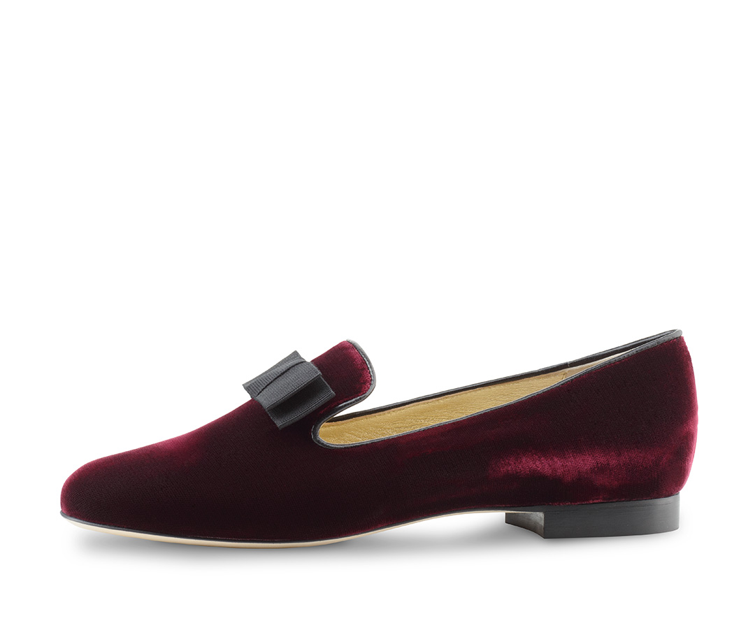 Ava Red loafer in finest velvet with black bow