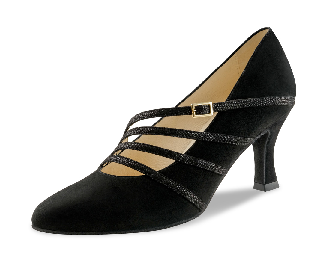 Jackie Black suede closed-toe dance shoe by Werner Kern with a 6.5 cm heel and asymmetrical straps for a particularly elegant look.