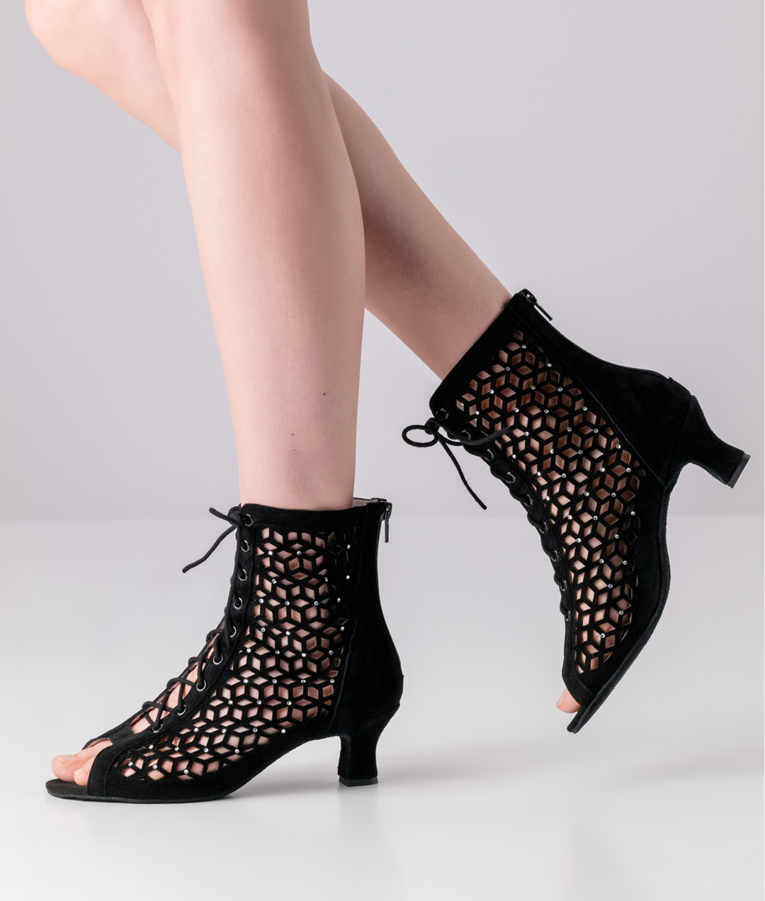 Open, black dance shoe boot with rhinestones made of genuine suede and 5 cm heel by Anna Kern.