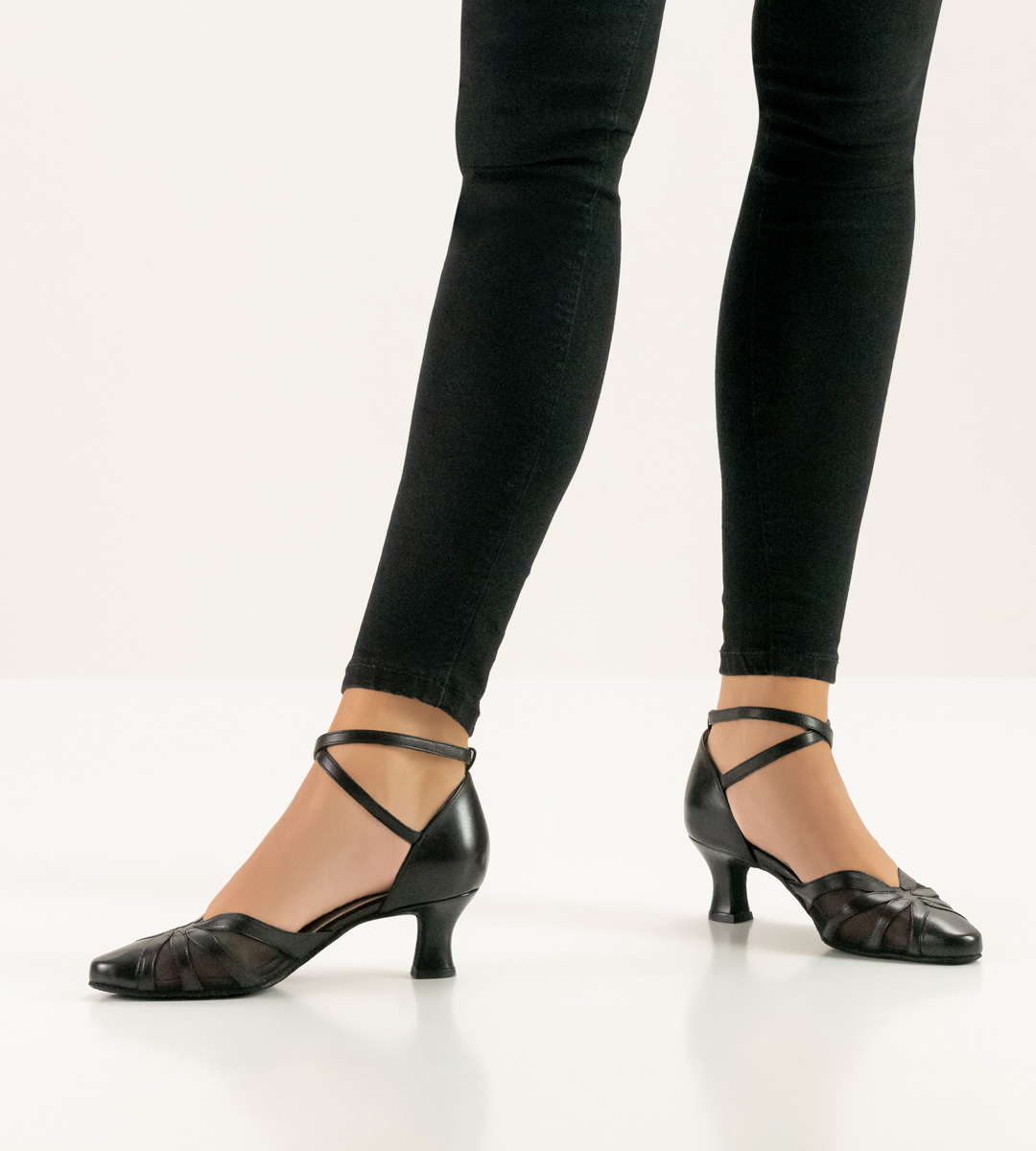 black trousers combined with closed Werner Kern ladies dance shoe with ankle strap