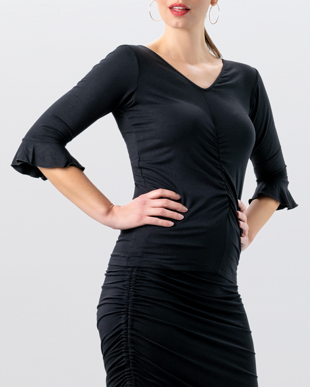 Talvi women's dance top in black with V-neck and flounce sleeves – for salsa, tango and more