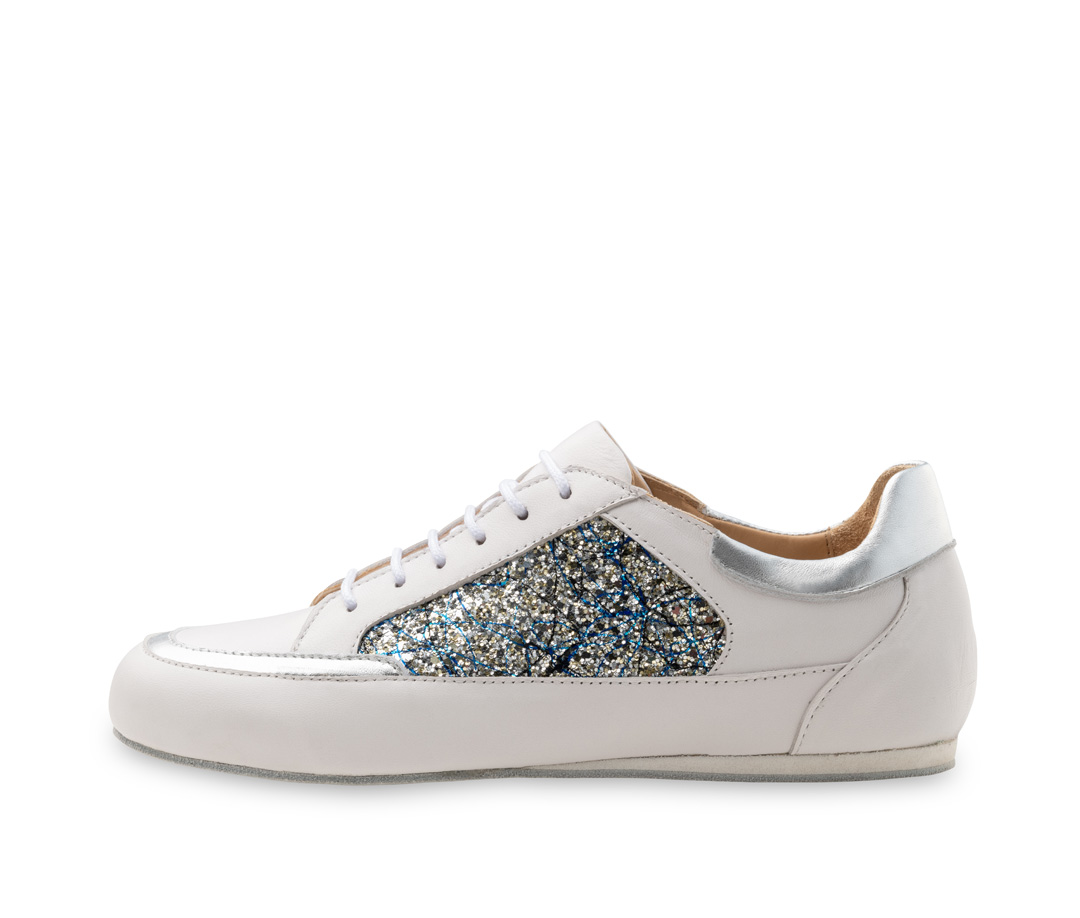 Carol Athletic dance sneaker - Werner Kern Carol in white Nappa leather and blue brocade with a lightweight Microsole for Zumba, training, and jazz dance