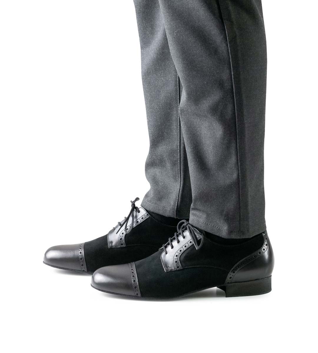 Bergamo Werner Kern men's dance shoe with 2 cm micro heel in combination with grey trousers