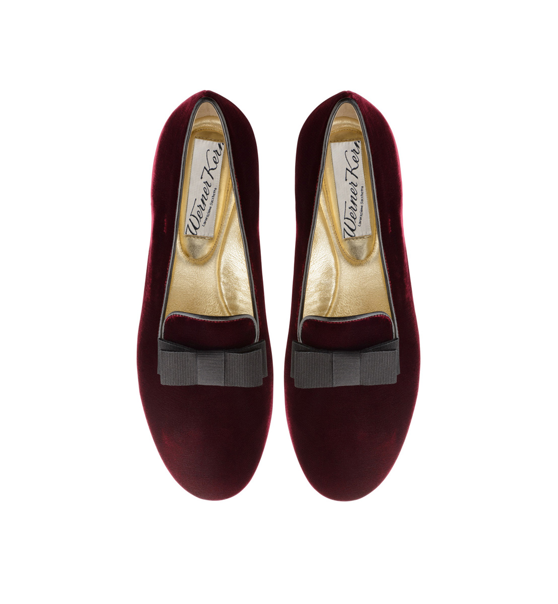 Loafer in red velvet with a black ribbed bow