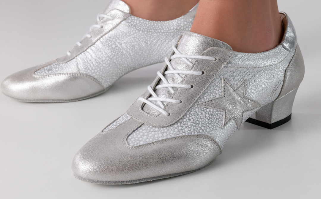 Silver lace-up dance training shoe with split sole and star appliqué