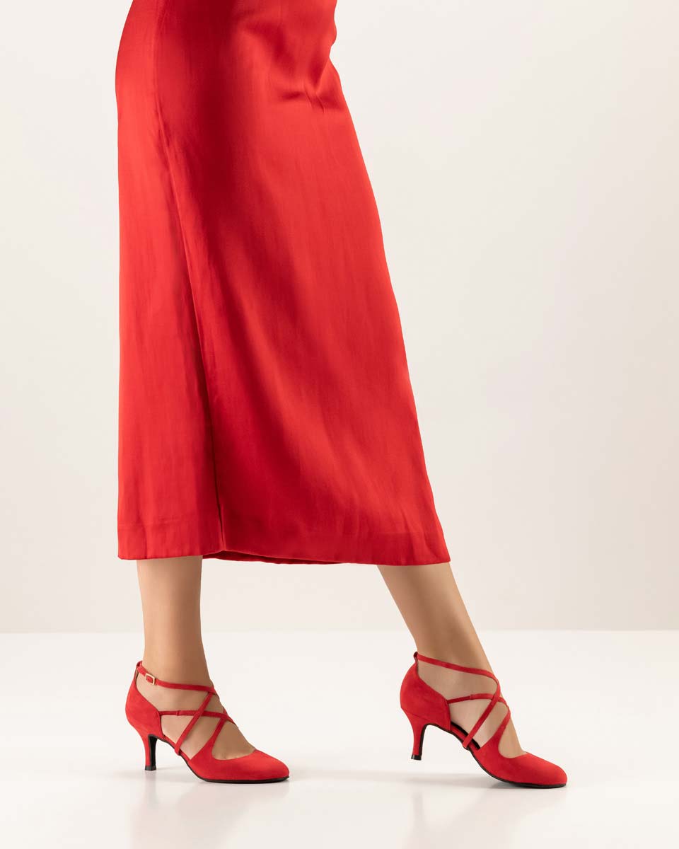 Marissa Red Suede Ladies Dance Shoe by Nueva Epoca in Combination with Red Dress