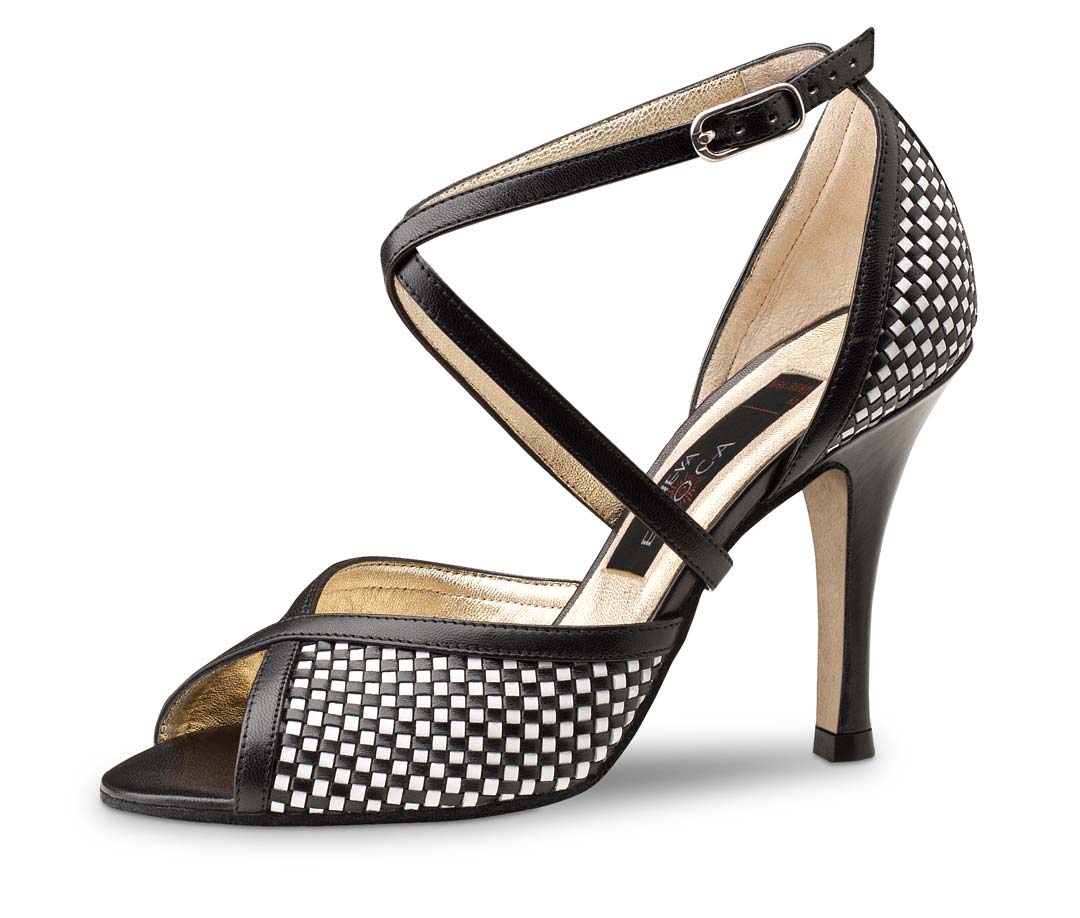Simona black and white Nueva Epoca women's dance shoe with leather sole
