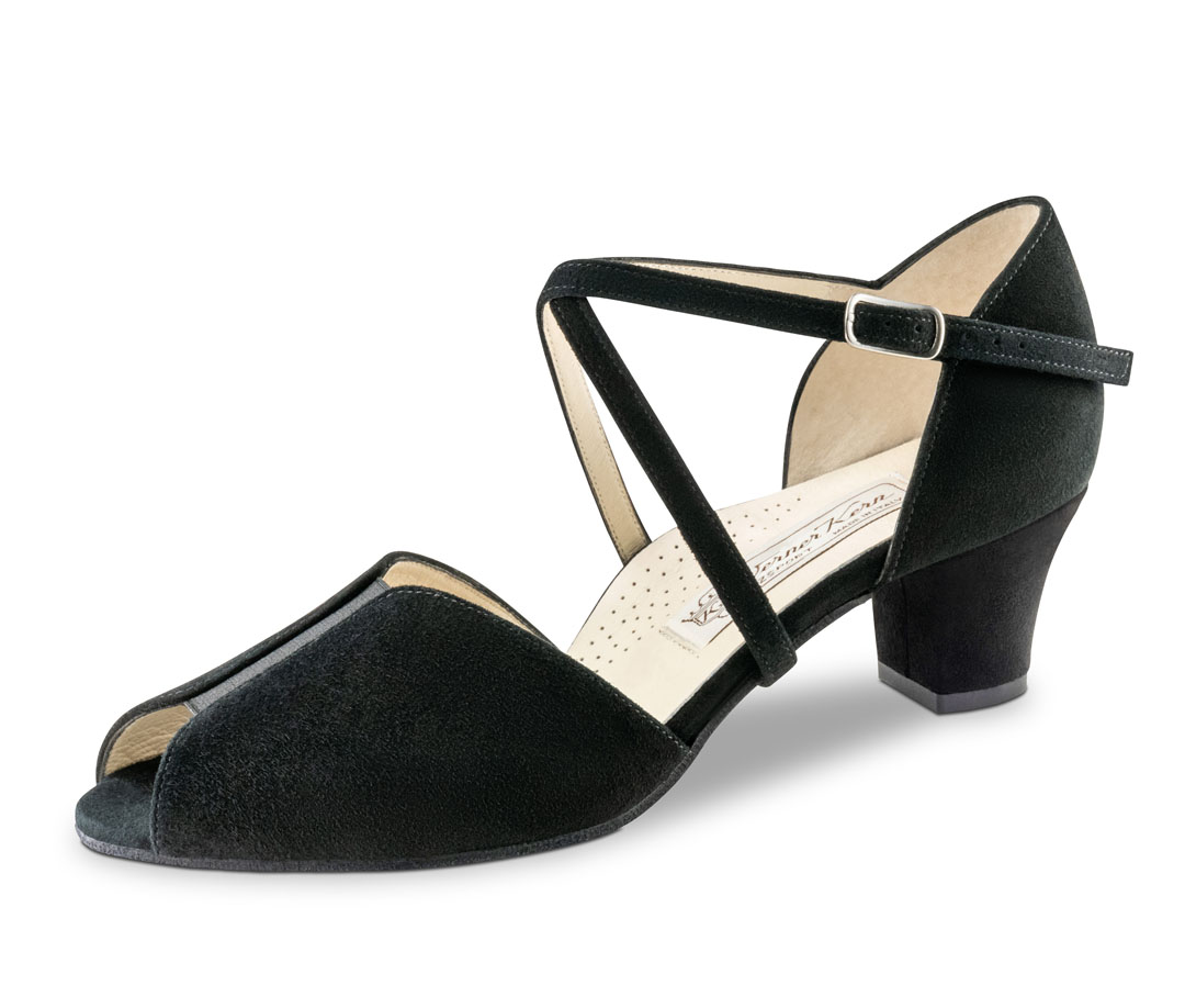 Dance sandals with a rubber insert for the perfect fit, made from black suede with a 4.5cm block heel by Werner Kern