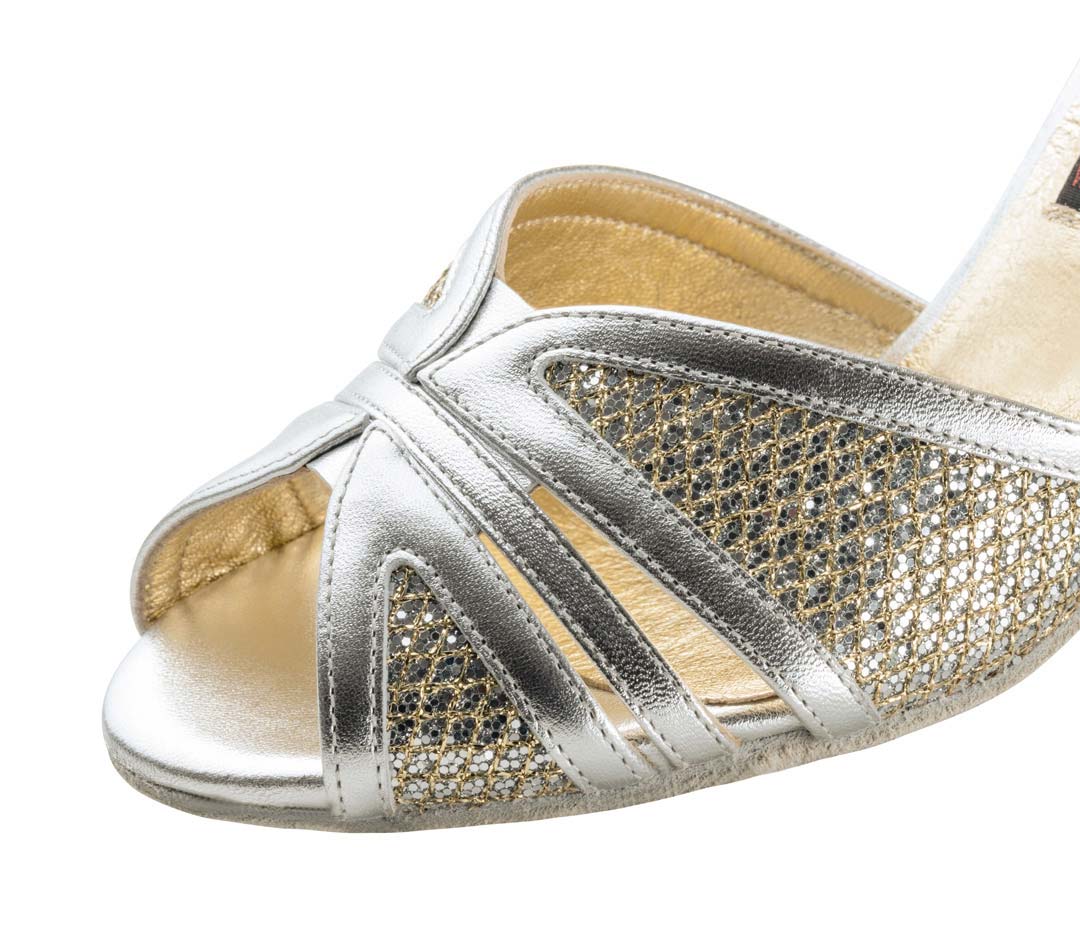 Pearl Front View of the Nueva Epoca Ladies Dance Shoe with Brocade
