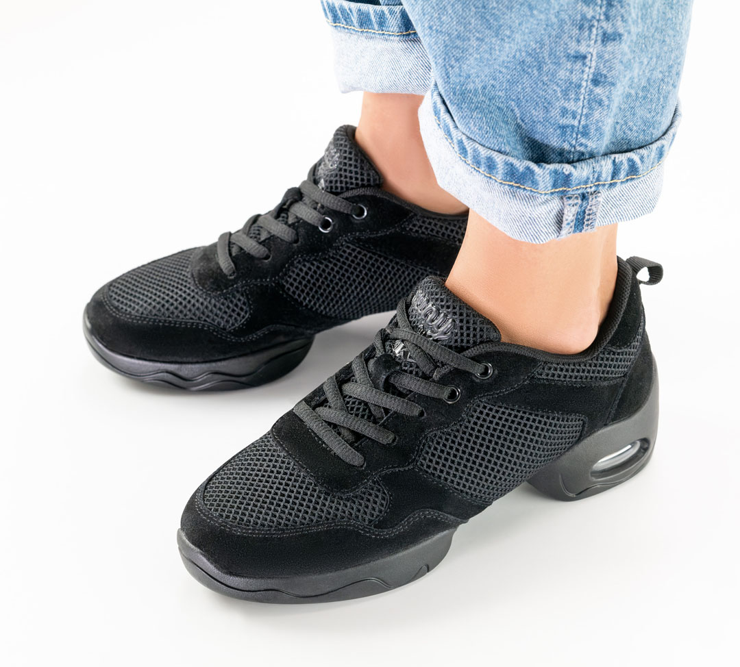 Top view of black Model 195 dance trainers with a split sole by Werner Kern