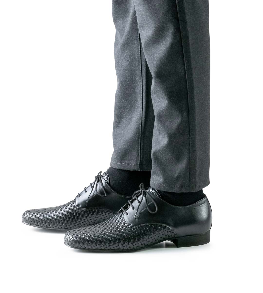 Como side view of Werner Kern men's leather dance shoe in combination with trousers in grey