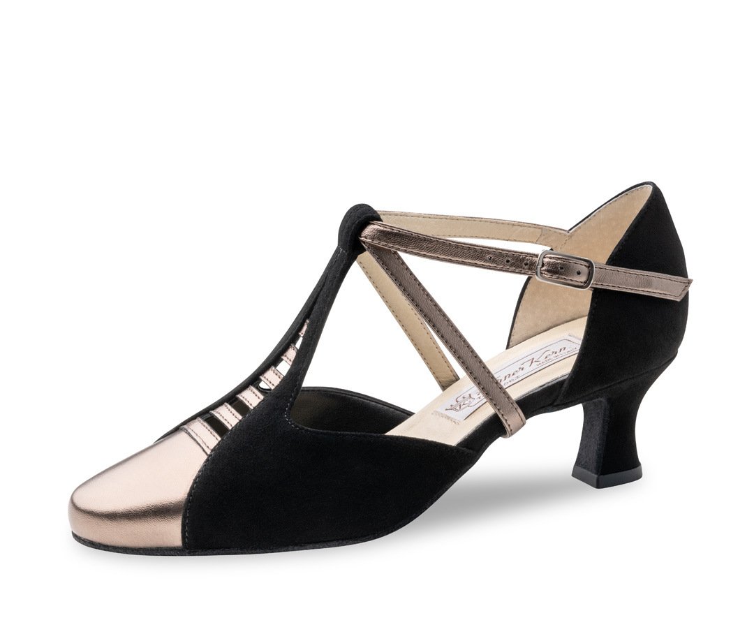 Pippa Women's dance shoe Pippa - Werner Kern in black Velvet Goat leather and antique Nappa leather, trendy and super comfortable with a timeless look, tapering T-strap and finely crafted straps for a stylish look