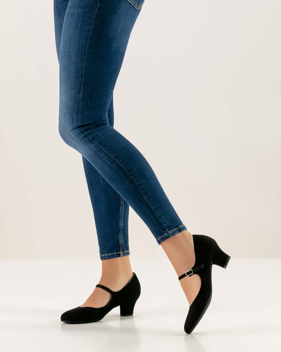 Ashley black Werner Kern ladies dance shoe in combination with blue jeans