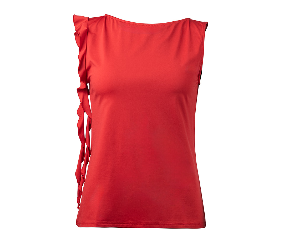 Red dance top by Werner Kern with small ruffle detail on the right armhole