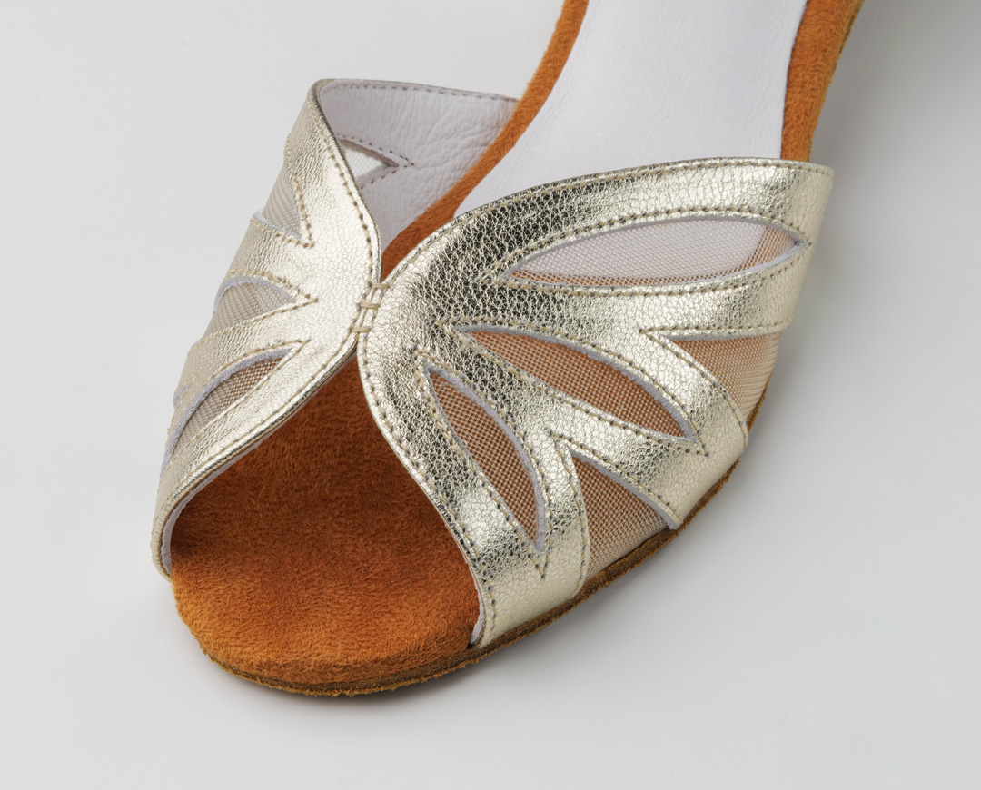 Detailed view of the front vamp design of the golden Anna Kern dance shoe Margo