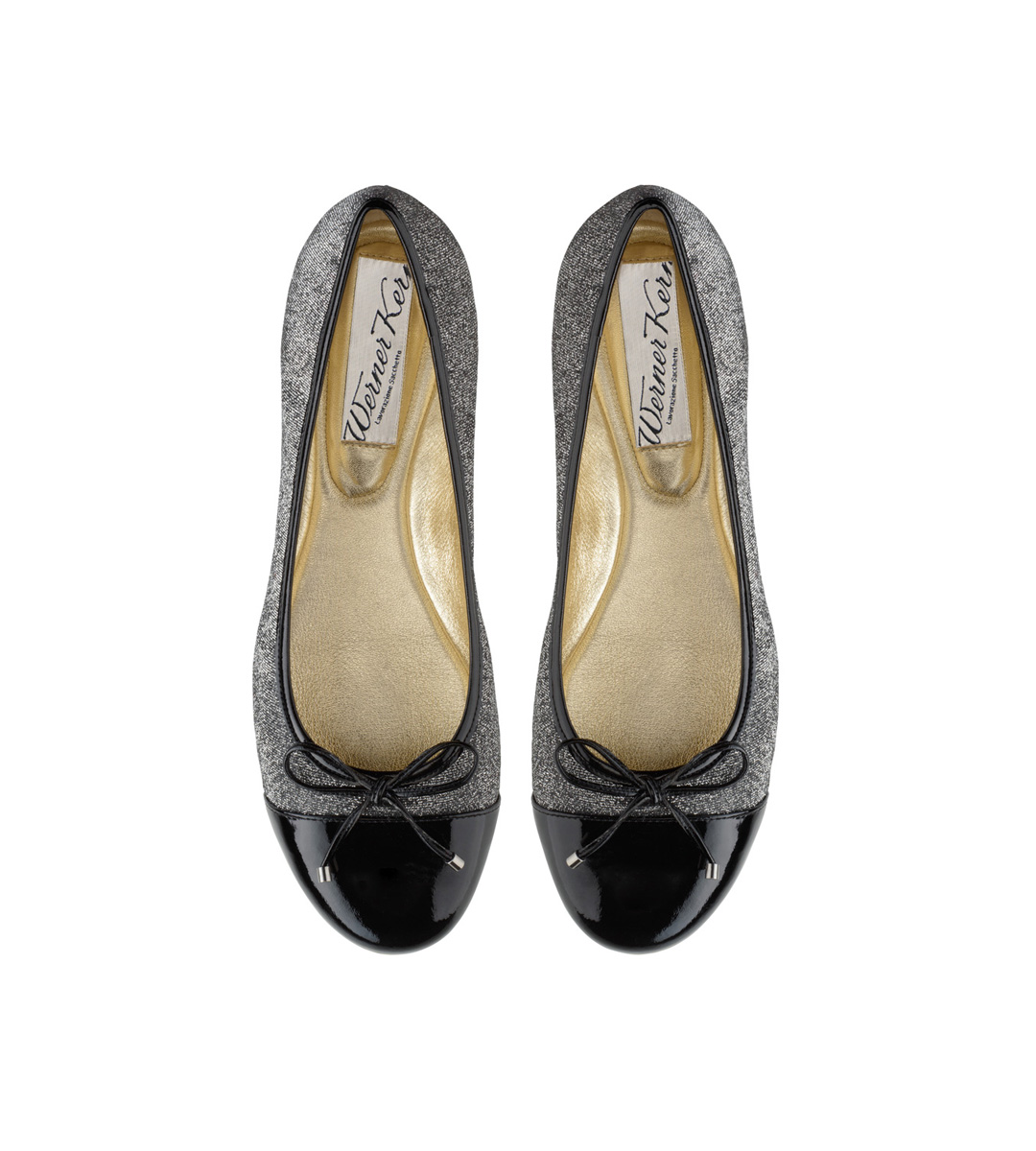 Kay Ballerinas with a combination of finest English brocade in black/silver and Italian calfskin black