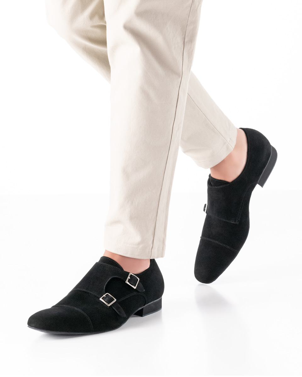 Men's dance shoe Anzio - Werner Kern in black velour leather, classic design with adjustable buckles, glove-soft velour leather, and calfskin lining, fantastically comfortable heel height of 2.0 cm