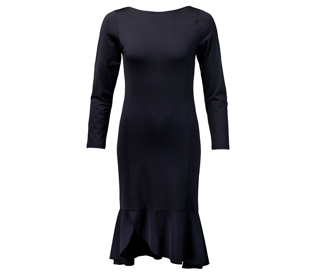 Timeless Zuri dance dress in black with flounce hem and side slit by Werner Kern