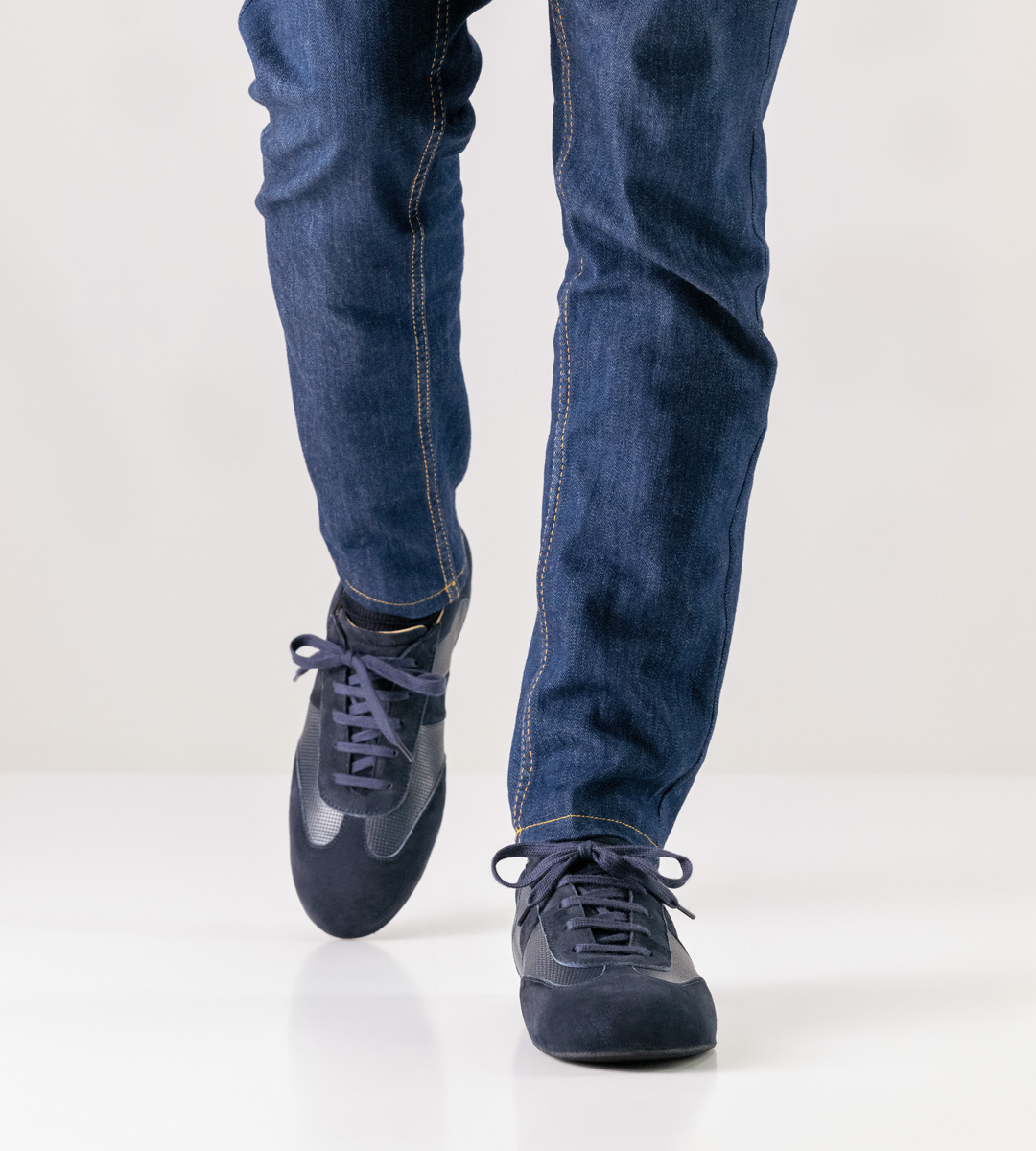 blue jeans in combination with blue men's dance shoe for loose insoles