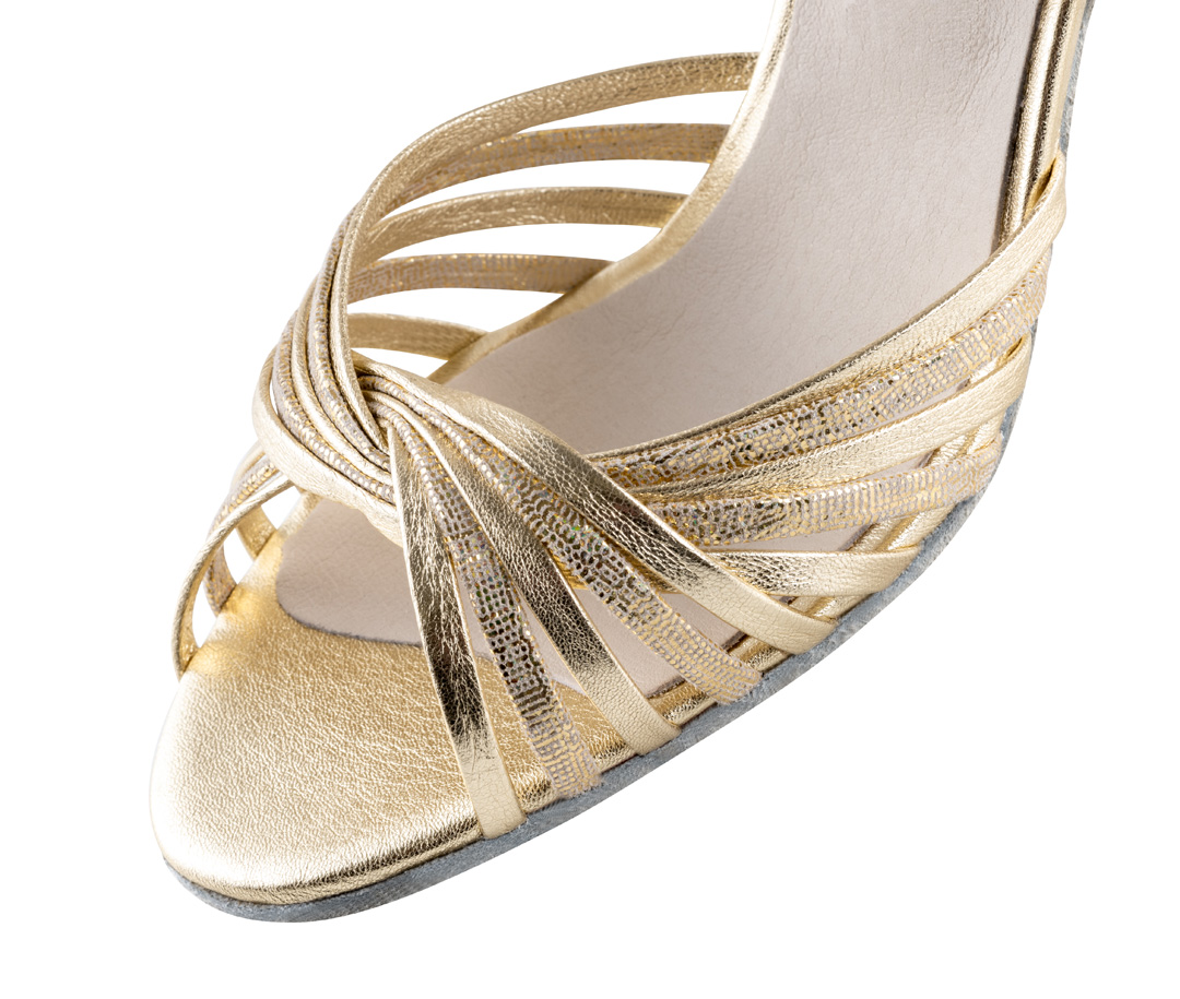 Strap view of the platinum coloured Werner Kern women's dance shoe