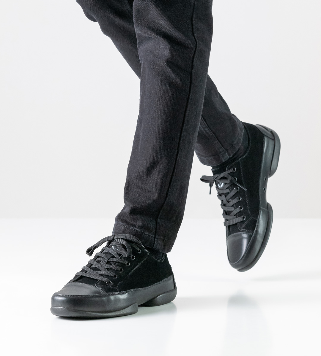 black men's dance shoe sneaker with split sole by Suny in combination with black jeans