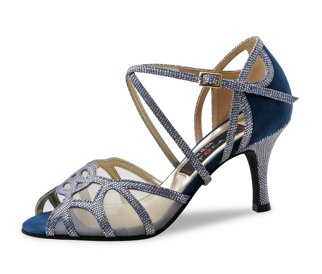Adriana Adriana, verspielt eleganter Damentanzschuhe mit einem 7 cm Absatz aus weichem, blauen Velourleder und funkelndem Printleder von Nueva Epoca.