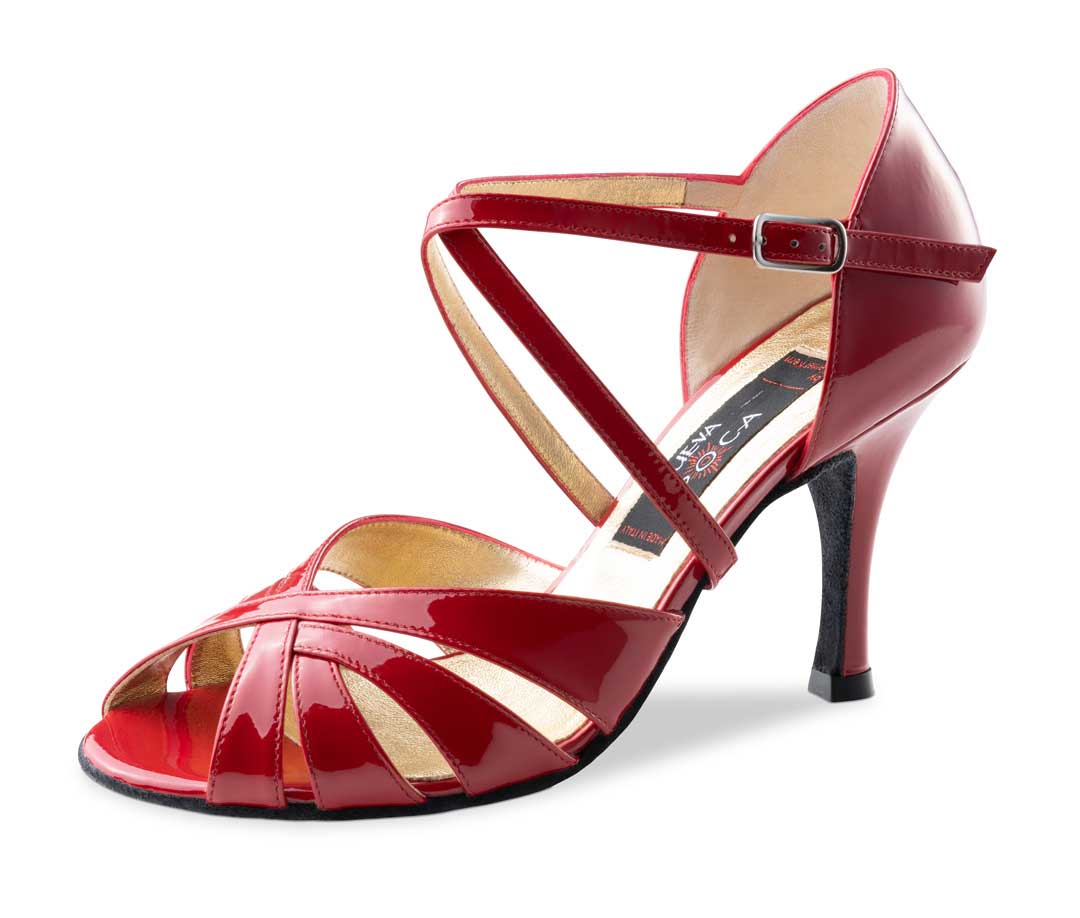 Red open dance shoe with patent leather and heel.