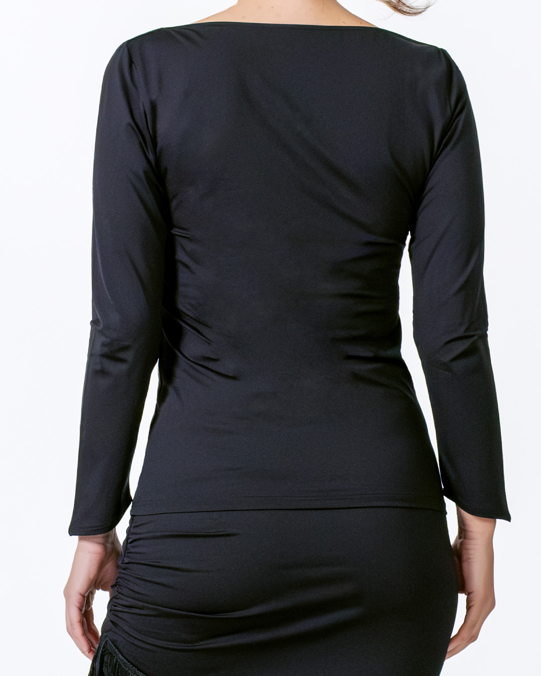 Rear view of Suki dance top with slightly slanted sleeve hems