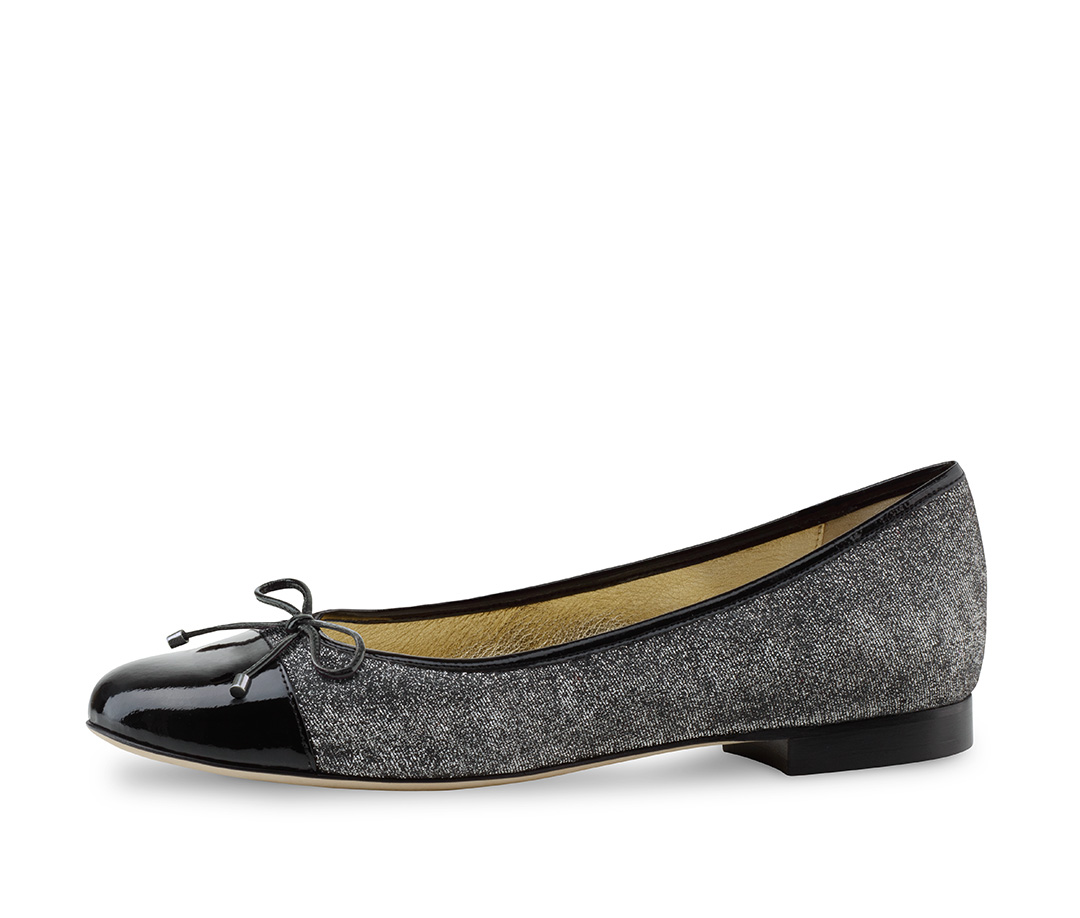 Ballerinas with a combination of finest English brocade in black/silver and Italian calfskin black