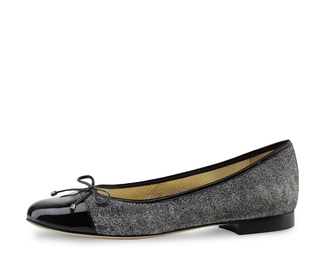 Kay Ballerinas with a combination of finest English brocade in black/silver and Italian calfskin black