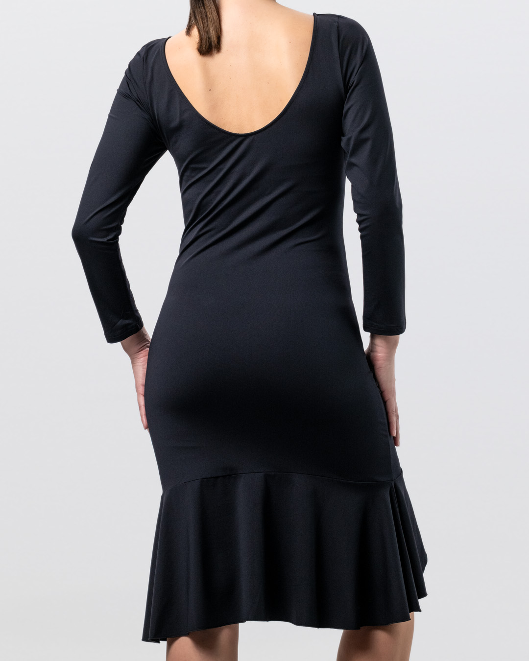 Rear view of Zuri dance dress with low back and flounce at the hem